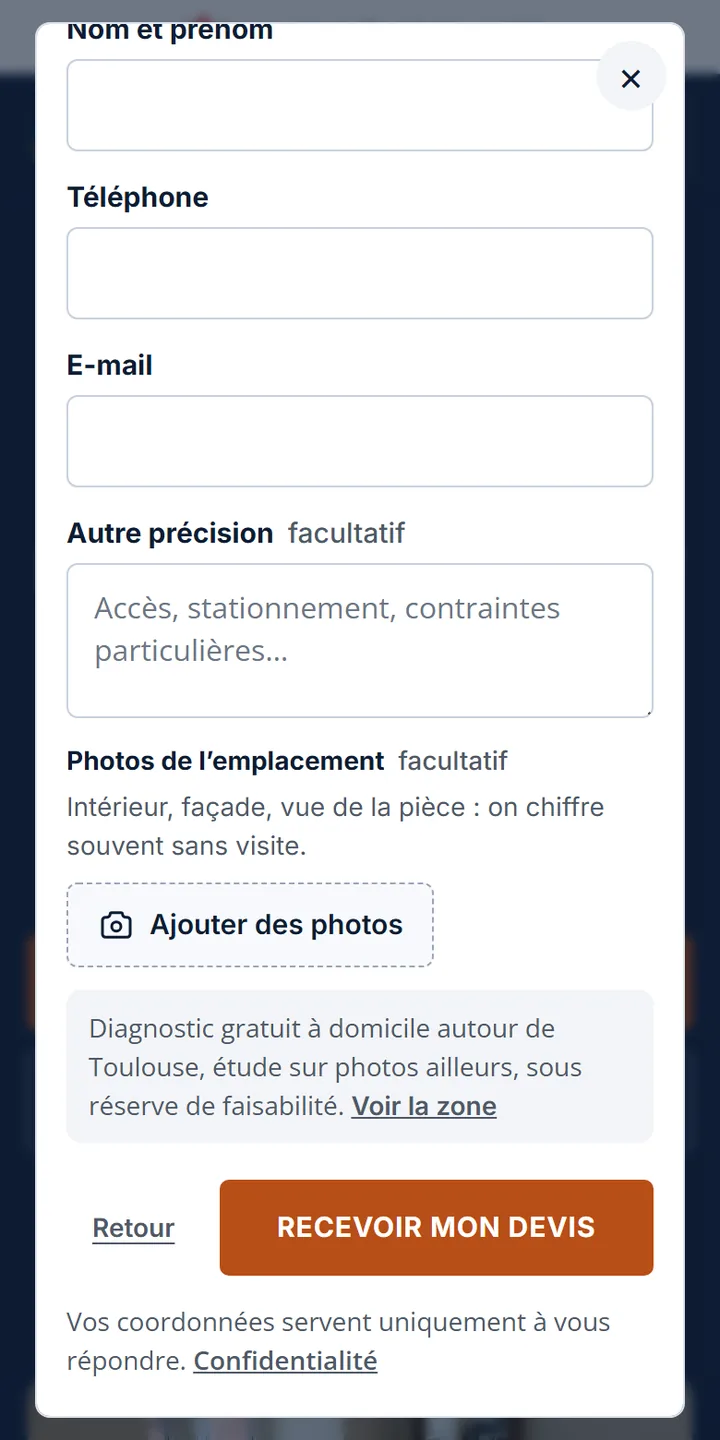 La dernière étape du formulaire, avec le bouton Ajouter des photos