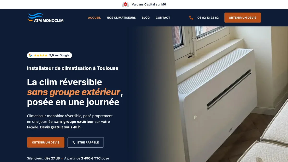 Le haut de l'accueil d'atm-monoclim.fr, installateur de climatisation à Toulouse, refait par AmiSEO avant son passage sur M6