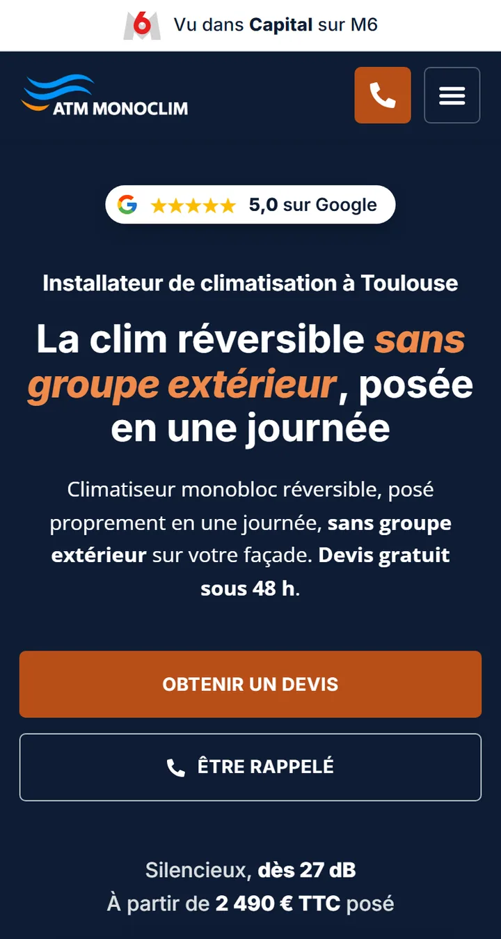 Le haut du site d’ATM Monoclim sur téléphone, sans aucun bandeau