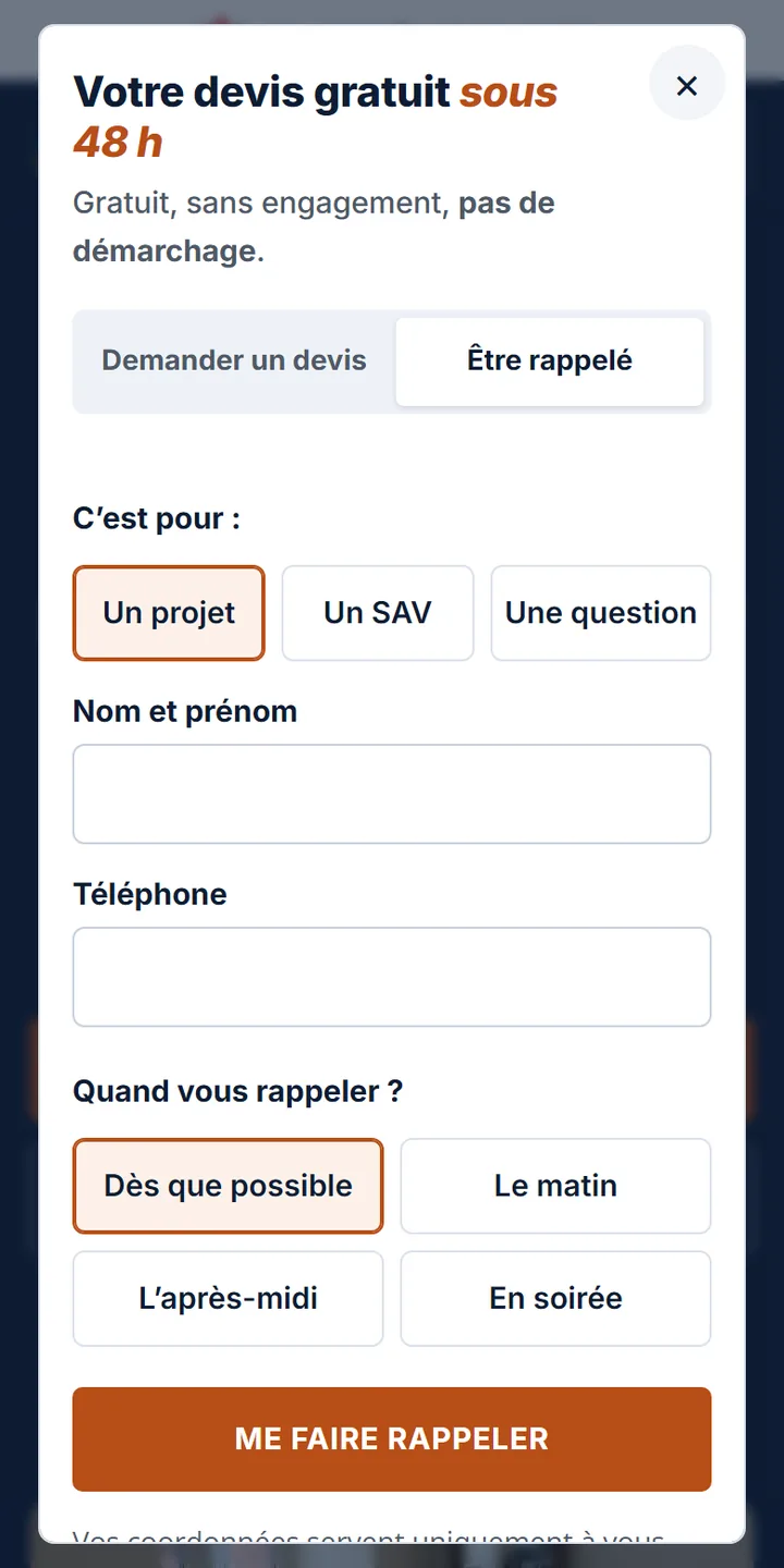Le formulaire Être rappelé : nom, téléphone, moment du rappel